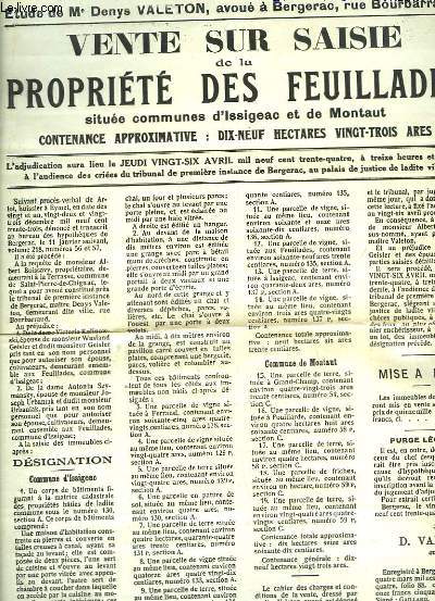 Affichette d'une Vente sur Saisie de la Proprit des Feuillades, situe communes d'Issigeac et de Montaut.