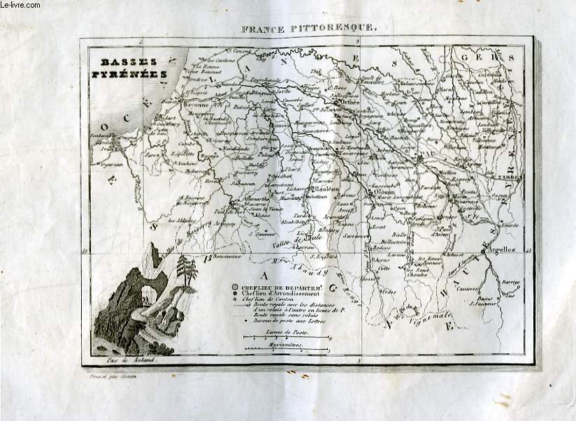Une carte des Basses-Pyrénnées, accompagnée de gravures de costumes Basques. Extraite de 