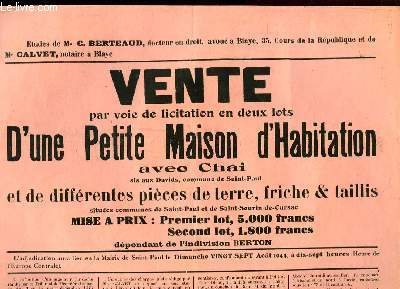 Une Affiche de la Vente d'une Petite Maison d'Habitation avec Chai, sis aux Davids, Commune de Saint-Paul.