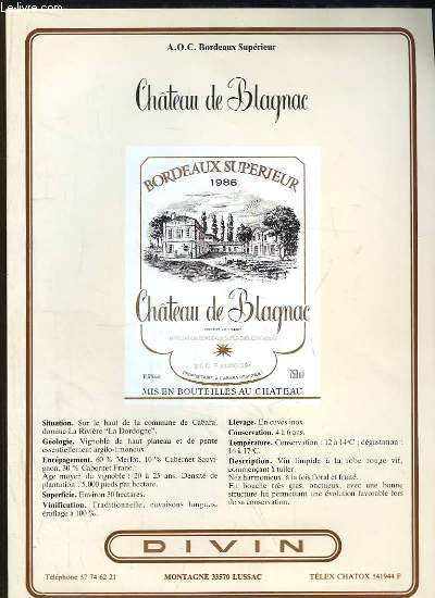 Planche descriptive du Chteau de Blagnac, 1986 - A.O.C. Bordeaux Suprieur.