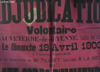 1 affiche de l'Adjudication Volontaire d'un Vaste Corps d'Immeubles, situ  Sauveterre-de-Guyenne, occup par la Caserne de Gendarmerie.