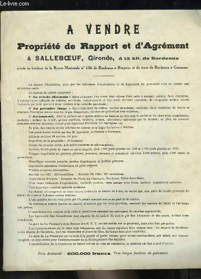 1 affiche de la Vente d'une Proprit de Rapporet et d'Agrment  Salleboeuf (Gironde)