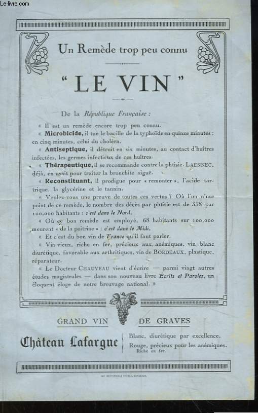 Tract publicitaire du Chteau Lafargue,  Saint-Mdard-d'Eyrans (Gironde). 