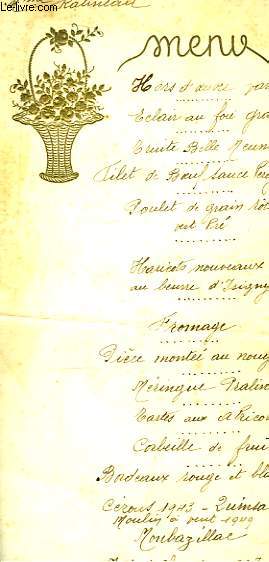 Menu du djeuner de Mme Ratineau, servi le 2 mai 1954.