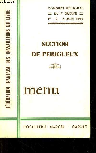 Menu du Congrs National du 7e Groupe, de la Section de Prigueux. Hostellerie Marcel  Sarlat.