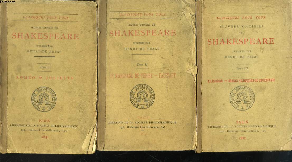 Oeuvres Choisies de Shakespeare. En 3 volumes.
