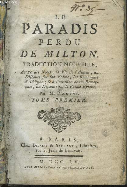 Le Paradis Perdu de Milton. TOME 1er