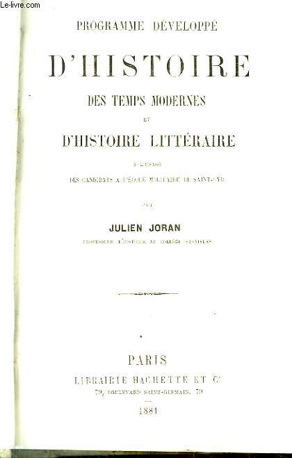 Programme dvelopp d'Histoire des temps modernes et d'Histoire littraire.