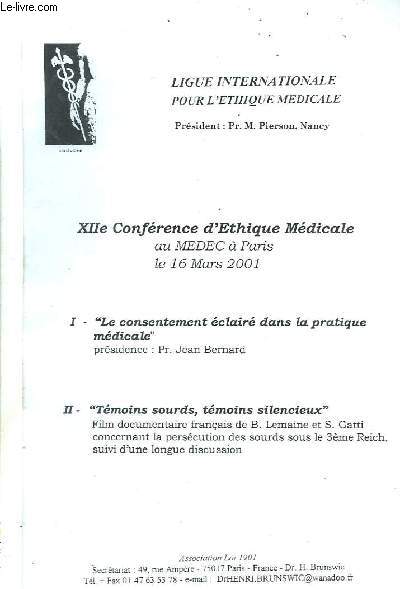 XIIe Confrence d'Ethique Mdicale au Medec  Paris; le 16 mars 2001