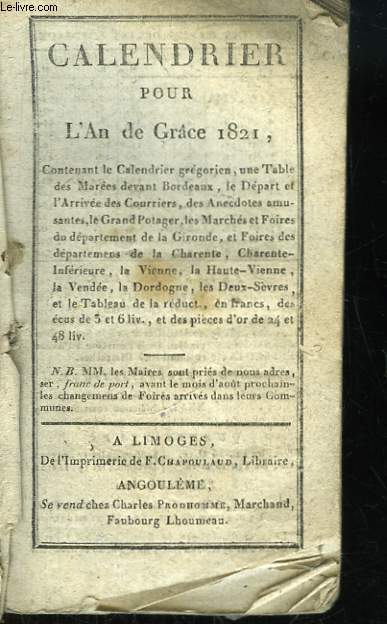 Calendrier pour l'An de Grce 1821