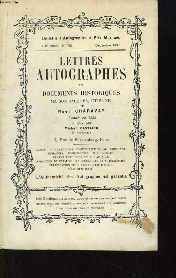 Bulletin d'Autographes  Prix Marqus N731, 116e anne. Catalogue de Lettres Autographes et Documents Historiques.