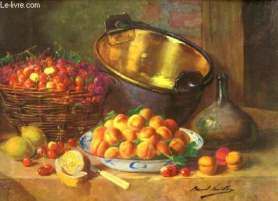 Reproduction en couleurs d'une Nature Morte, reprsentant une table de fruits.