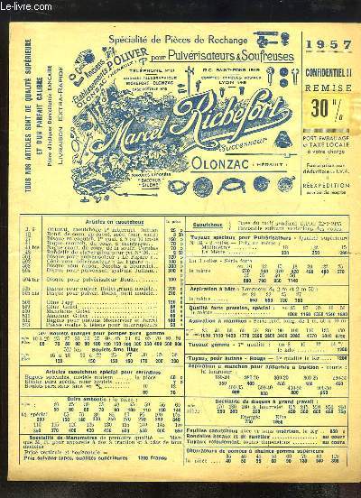 1 brochure de tarifs pour Pices de Rechange pour Pulvrisateurs  dos d'hommes, et de Pices de Rechange de la Soufreuse JULLIAN et similaires.