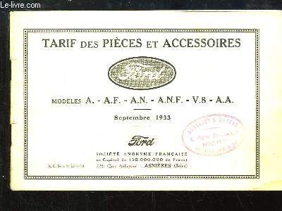 Catalogue de Tarif des Pices et Accessoires, Modles A - AF - AN - ANF - V8 - AA