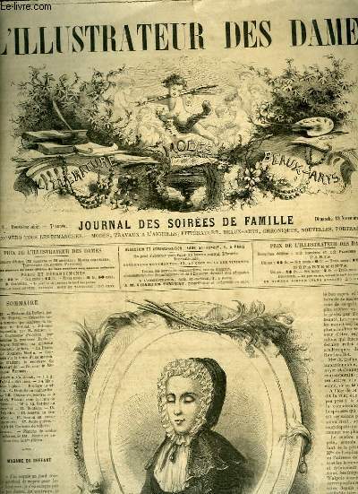 L'Illustrateur des Dames. Journal des Soires de Famille N8, 2me srie, 7e anne : Madame du Deffant, par DE PEYRES - Julienne Duguesclin, par JOMIER - Toilettes de Dames, Manteau Peplum, Broderies diverses