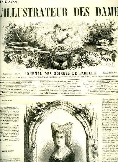 L'Illustrateur des Dames. Journal des Soires de Famille N12, 2me srie, 7e anne : Toilettes de soire, Capeline - Bonnet Fanchon, Chancelire en tapisserie, Passementerie en drap et perles, Mdaillon, Semelle au crochet ...
