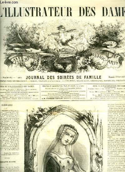 L'Illustrateur des Dames. Journal des Soires de Famille N14, 2me srie, 7e anne : Planche de Travestissements - Robe en tefletas de couleur - Veste droite en velours noir - Berthe en ruban et blonde - Berthe Espagnole ...