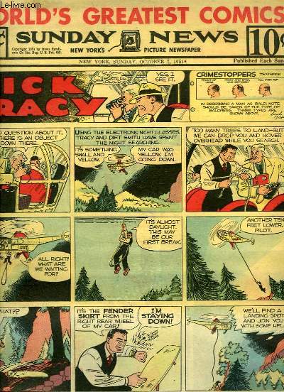 Sunday News, Comic Section, New York's Picture Newspaper, du 7 octobre 1951 : Dick Tracy, Little Orphan Annie, Terry and the Pirates, Alice in Wonderland, The Gumps, Moon Mullins, Winnie Winkle, Gasoline Alley ...