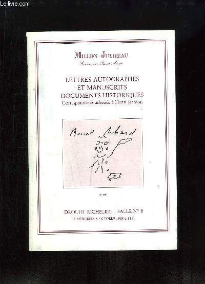 Catalogue de la Vente aux Enchres du 5 octobre 1988 ,  l'Htel Drouot-Richelieu, de Lettres Autographes et Manuscrits, Documents Historiques, Correspondance adresse  Henri Jeanson.