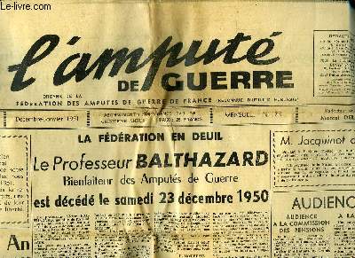 L'Amput de Guerre, N188 : La Fdration en deuil, le Professeur Balthazard est dcd le 23 dcembre 1950