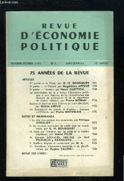 Revue d'Economie Politique N6 - 75e anne : Le rle conomique des autoroutes - Un curieux instruments de crdit chez les musulmans - Note sur l'inflation par les cots et le modle keynsien ...