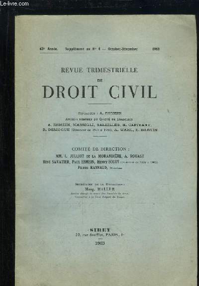 Revue trimestrielle de Droit Civil. Supplment au n4 - 63e anne : Table alphabtique et analytique des Matires