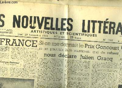 Les Nouvelles Littraires, Artistiques et Scientifiques. N1265 - 30e anne : La France, par G. Duhamel - Le Femina  Anne de Tourville - La Physique  l'aube du XXe sicle - Une Somme de Mdecine ...