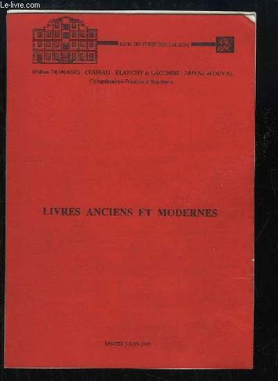 Catalogue de la Vente aux Enchres du 5 juin 1993,  l'Htel des Ventes des Chartons (Bordeaux), de Livres Anciens et Modernes.