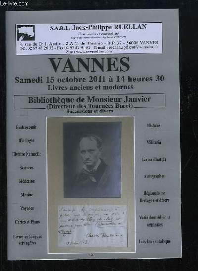Catalogue de la Vente aux Enchres du 15 octobre 2001, de la Bibliothque de Monsieur Janvier (Directeur des Tournes Baret).