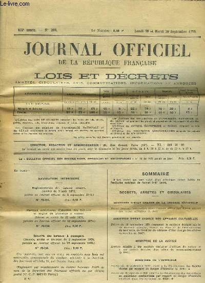 Journal Officiel de la Rpublique Franaise. N226 - 102e anne. Lois et Dcrets