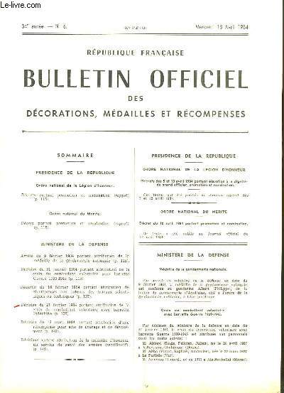Bulletin officiel des Dcorations, Mdailles et Rcompenses N6 - 34e anne