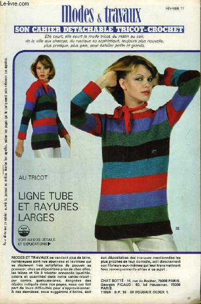Tricot-Crochet de Fvrier 1977 : Ligne tube et Rayures larges - Le gilet chin - Le gilet sport - Twin-set et rayures fines ...