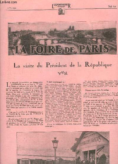 L'Exportateur Franais, du 22 Mai 1922 : La Foire de Paris. La visite du Prsident de la Rpublique - Esplanades des Invalides - Champs de Mars ...
