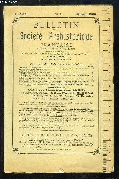 Bulletin de la Socit Prhistorique Franaise. N1 - Tome 30 : Dcouverte d'une Epe en bronze prs de Ploudalmzeau - Fouilles en Dordogne - Nouvelles contribution  l'tude des Elphants quaternaires en Charente ...