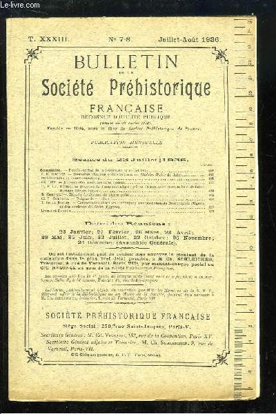 Bulletin de la Socit Prhistorique Franaise. N7 / 8 - Tome 33 : Nouvelles Stations Prhistoriques en Algrie - Luc-sur-Mer nolithique et romain - Dcouverte d'une cachette de pices de monnaies dans la baie de Saint-Brelade - Poignards en Silex ...