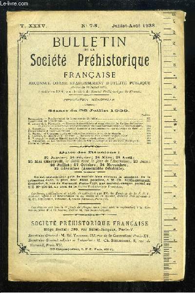 Bulletin de la Socit Prhistorique Franaise. N7 / 8 - Tome 35 : Gisements moustriens et magdalniens du Canton de Lussac-les-Chteaux et Dolmen de Montmorillon - Stations Nolithiques de Sainte-Aulaye (Dordogne) ...