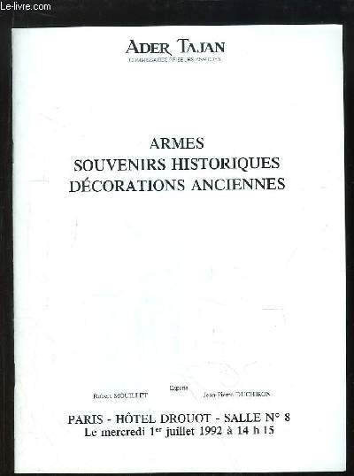 Catalogue de la Vente aux Enchres, du 1er juillet 1992  l'Htel Drouot, d'Armes, de Souvenirs Historiques et Dcorations Anciennes.