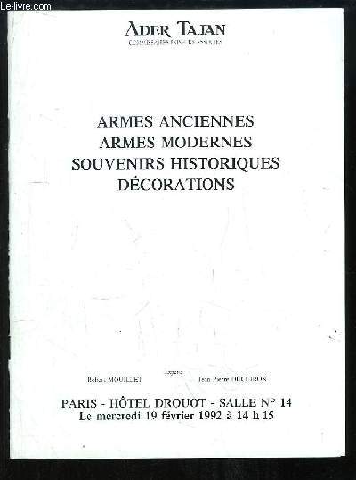 Catalogue de la Vente aux Enchres, du 19 fvrier 1992  l'Htel Drouot, d'Armes anciennes et modernes, Souvenirs historiques et Dcorations