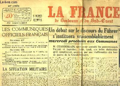 La France de Bordeaux et du Sud-Ouest, du 8 octobre 1939 (53e anne) : Un dbat sur le discours du Fhrer s'instituera vraisemblablement aux Communes