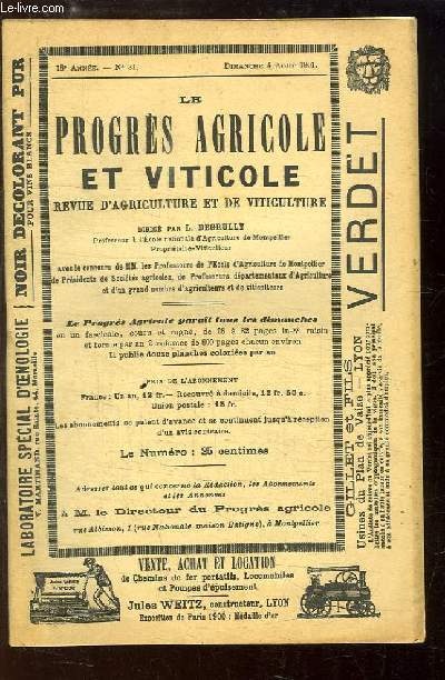 Le Progrs Agricole et Viticole, N31 - 18me anne : Une formule de Bock-vin mousseux - Les criquets dans le Sud-Ouest - La vigne en Vaucluse - La mthode nouvelle de vinification par sulfitage et levurage de la vendange - Les alambics ambulants ...