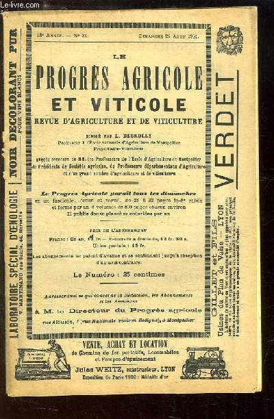 Le Progrs Agricole et Viticole, N34 - 18me anne : O faut-il chercher des dbouchs pour nos vins ? - Les bouilleurs de Perpignan - Quelques maladies cryptogamiques ressemblant au Black-Rot ...