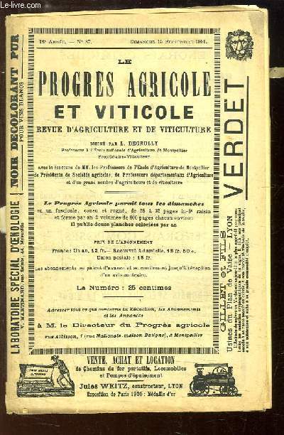 Le Progrs Agricole et Viticole, N37 - 18me anne : Le rajeunissement des vins vieux - Une excursion agricole en Italie - Les maladies bacillaire de la pomme de terre ....