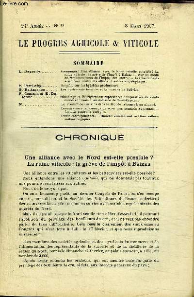 Le Progrs Agricole et Viticole, N9 - 24me anne : Enqute sur les hybrides producteurs - Les traitements toxiques de la mouche de l'olivier ...