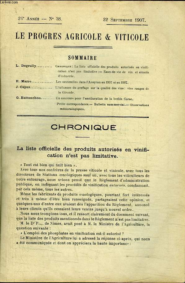 Le Progrs Agricole et Viticole, N38 - 24me anne : Eaux-de-vie de vin et alcools d'industrie - Les sauterelles dans l'Aveyron en 1902 et 1907 - Un concours pour l'amlioration de la brebis Corse ...