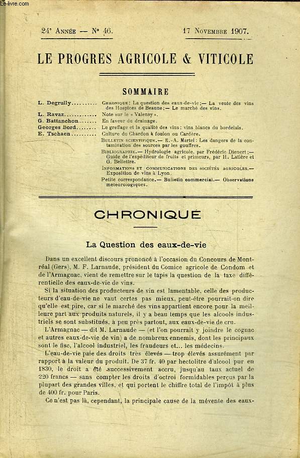 Le Progrs Agricole et Viticole, N46 - 24me anne : Note sur le Valensy - En faveur du drainage - Culture du Chardon  foulon ou Cardre ...