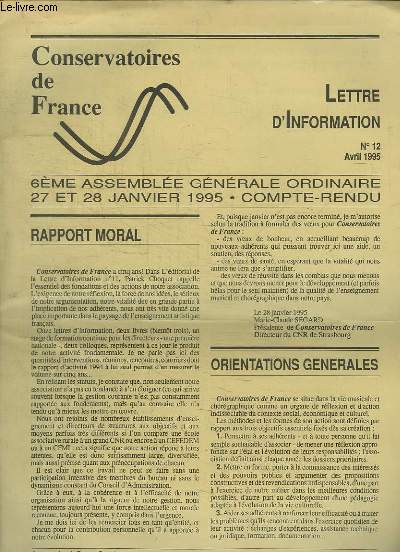 Lettre d'Information N12 : 6me Assemble Gnrale Ordinaire, 27 et 28 janvier 1995