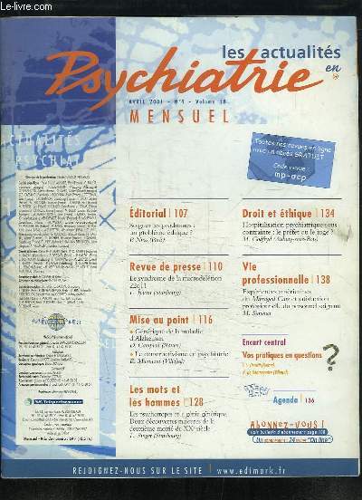 Les actualits en Psychiatrie N4 - Volume 18 : Le syndrome de microdltion - Gntique de la maladie d'Alzheimer - Le constructivisme en psychiatrie ...