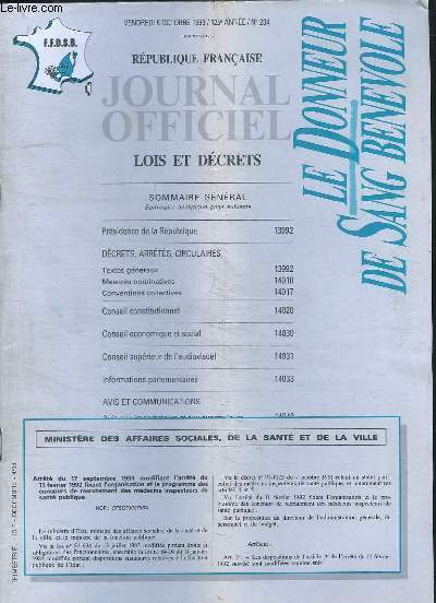 Le Donneur de Sang Bnvole. Journal Officiel. Lois et dcrets. N234 - 125e anne