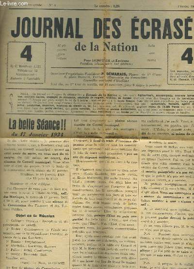 Journal des Ecrass de la Nation, N4 - 2me anne : Belle sance du 17 janvier 1934 - A M. Homo, doyen d'ge - Procs Dmarais contre Haize