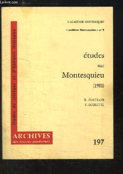 Archives des lettres modernes, n197 : Etudes sur Montesquieu (1981)